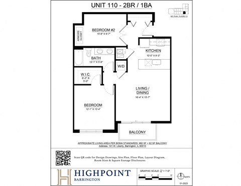 Floor plan for 2 beds, 1 bath, 982 sqft